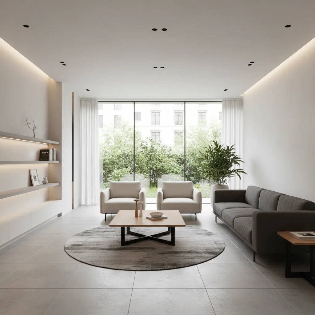 Minimalist living room with grey sofa armchairs wooden coffee table round rug and glass windows