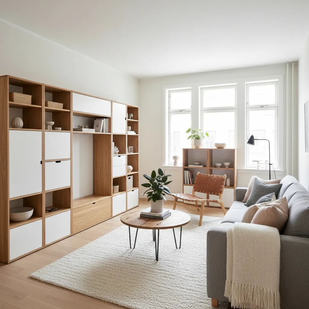 Distribución funcional de salón pequeño con almacenamiento modular