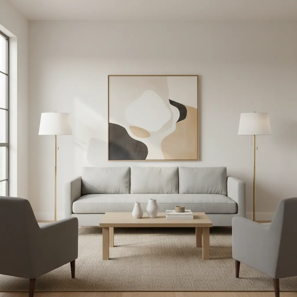 Sala de estar con composición equilibrada de muebles y decoración