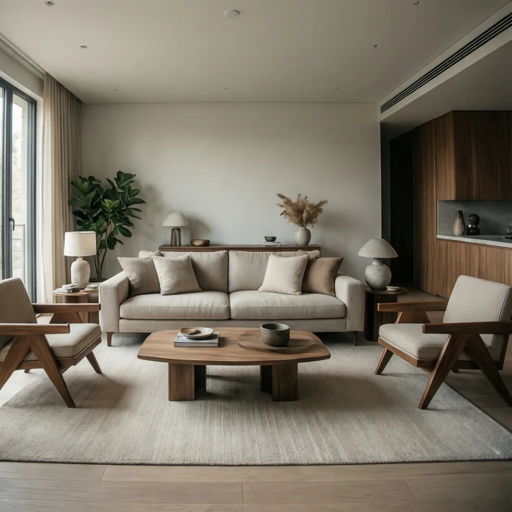 Ejemplo de salón equilibrado con distribución armoniosa de muebles