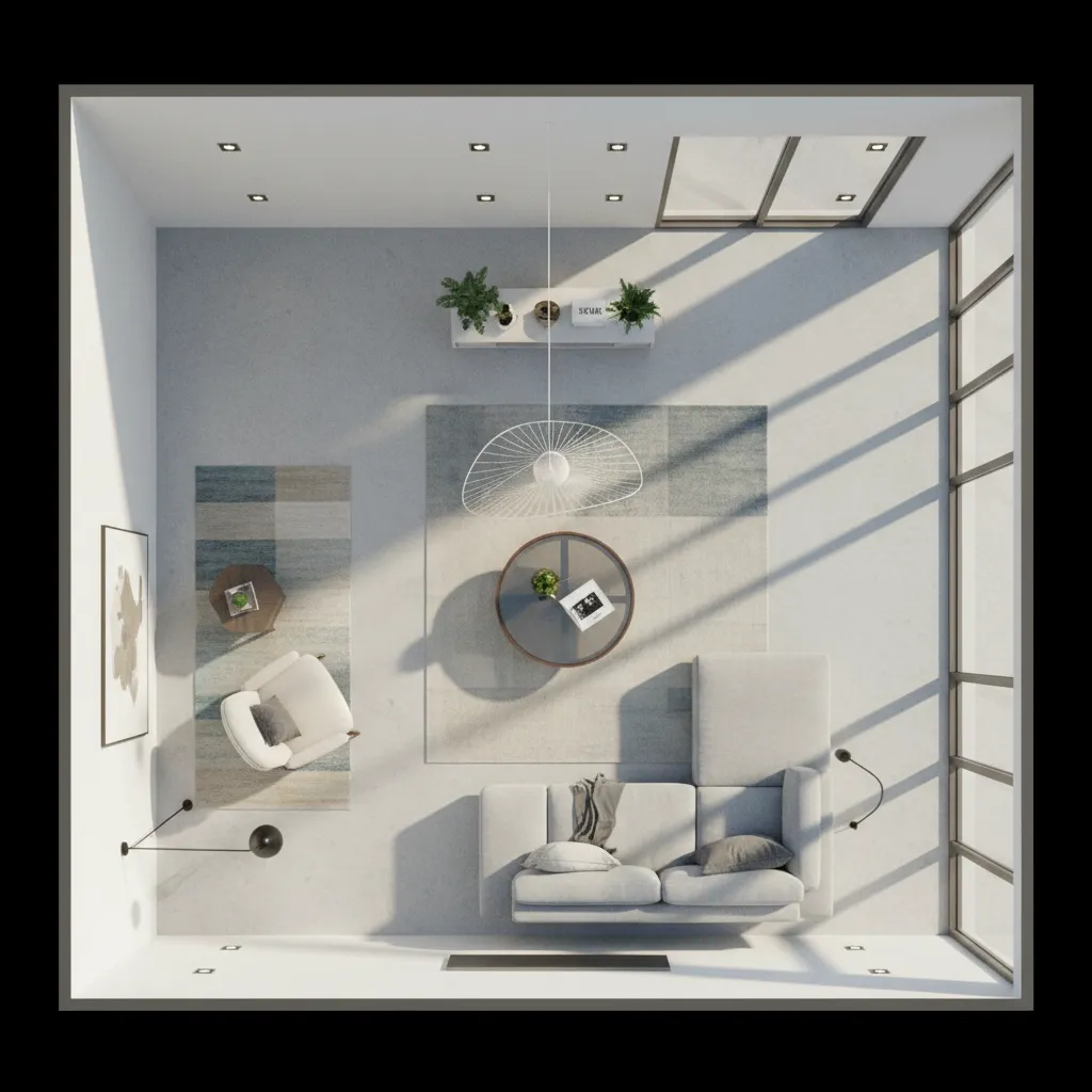 plano de distribución de sala con muebles y medidas