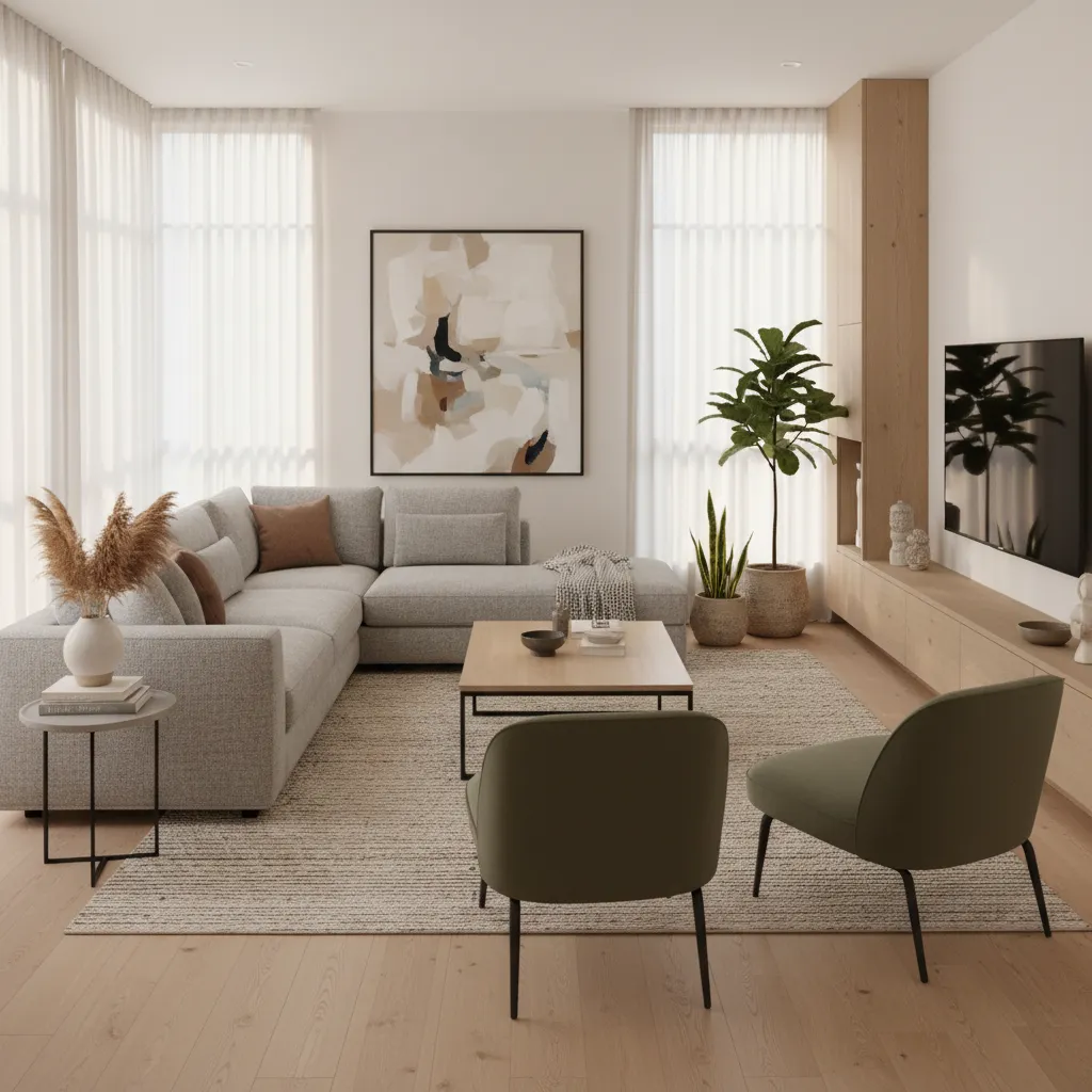 Salón bien distribuido con sofá, mesa de centro y buena circulación