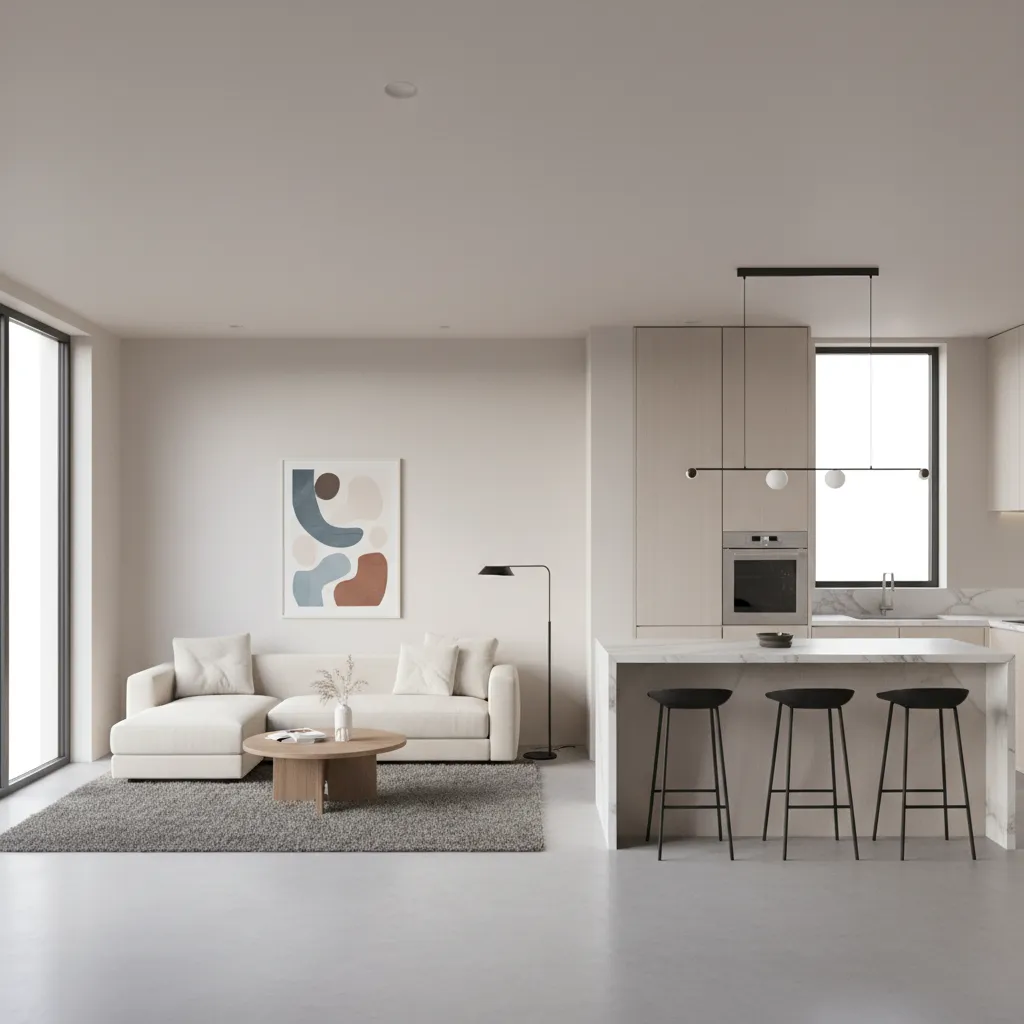 modern living room and kitchen spaces freshly painted with cohesive colors