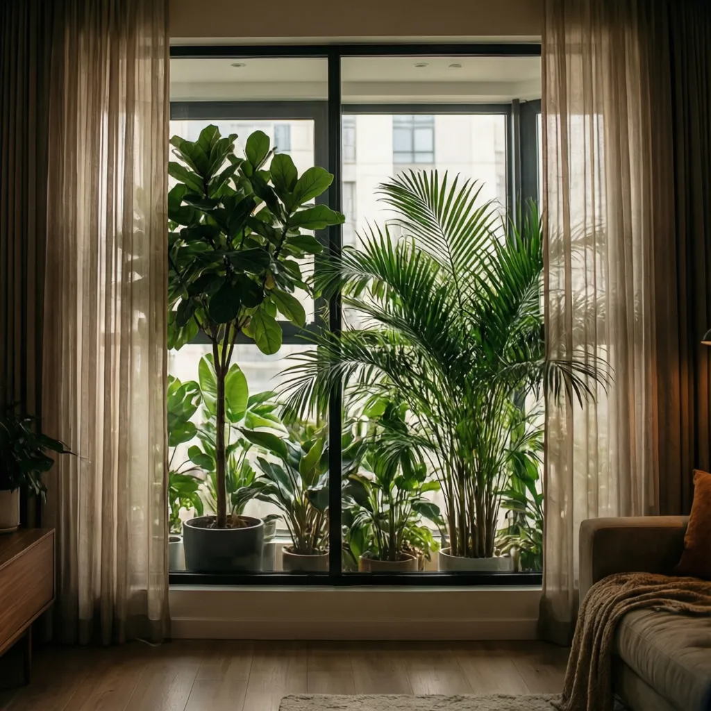 Ventana de planta baja con plantas altas que crean privacidad
