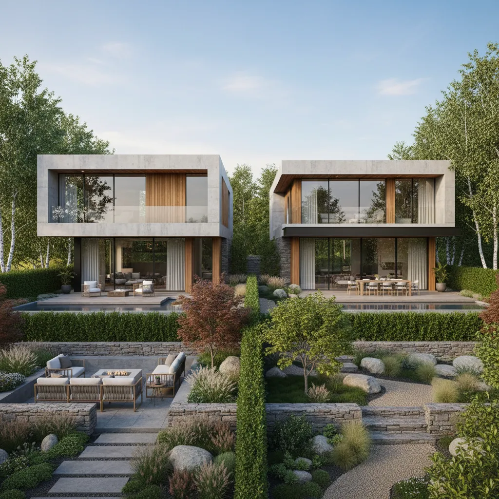 Modern twin houses with concrete walls large glass windows green hedges and outdoor stone seating