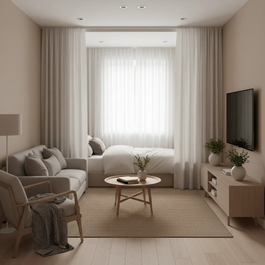 Curtain divider creating privacy around a bed in a shared family room