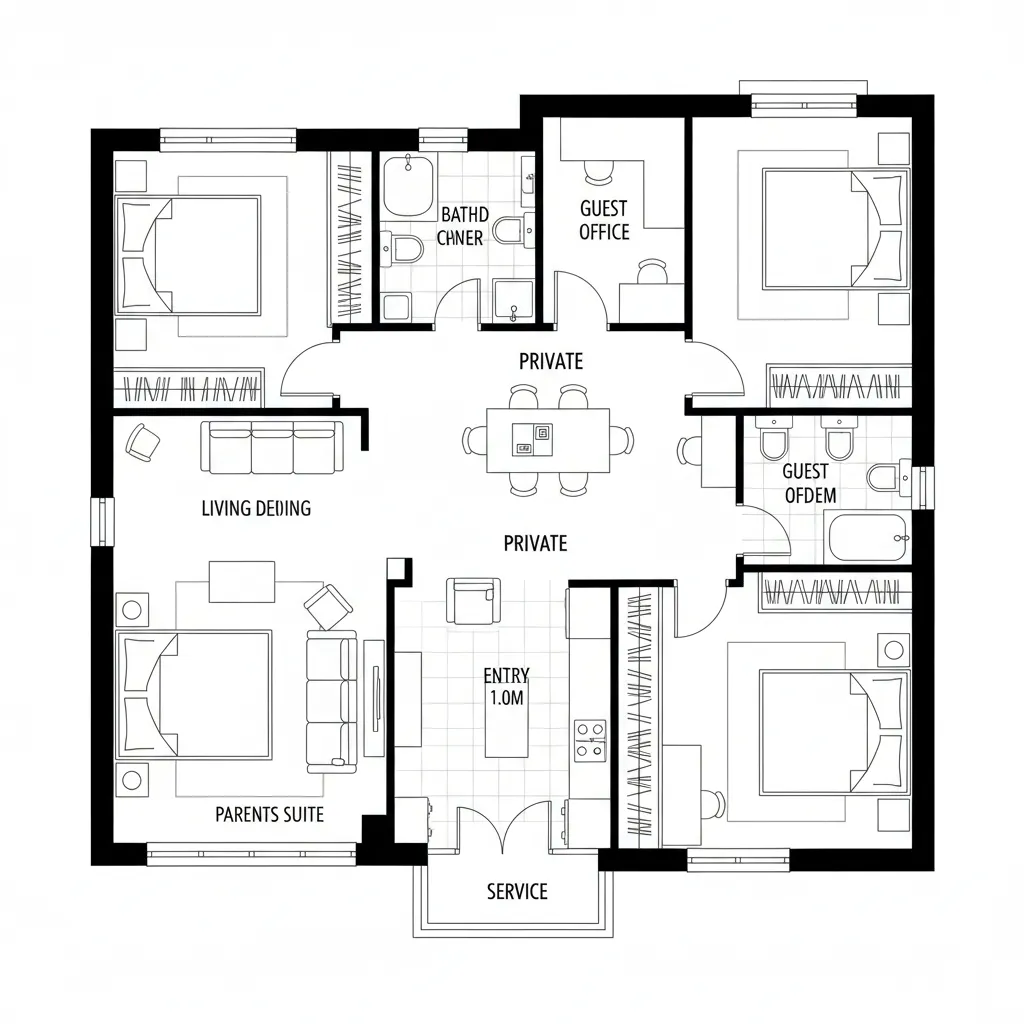 Interior design drawing of house layout with parents suite living area kitchen office and bedrooms