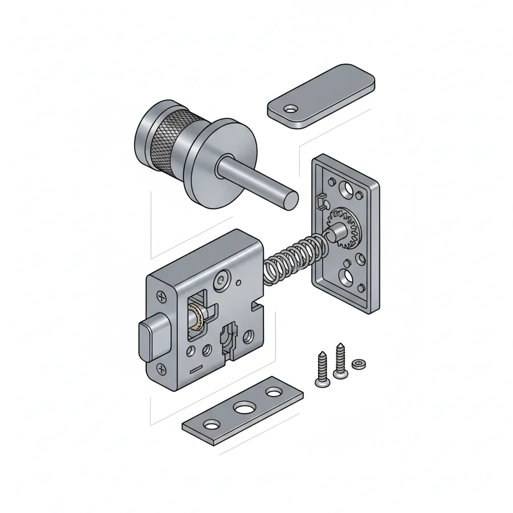 Exploded view of bathroom privacy lock showing spindle and thumb turn mechanism