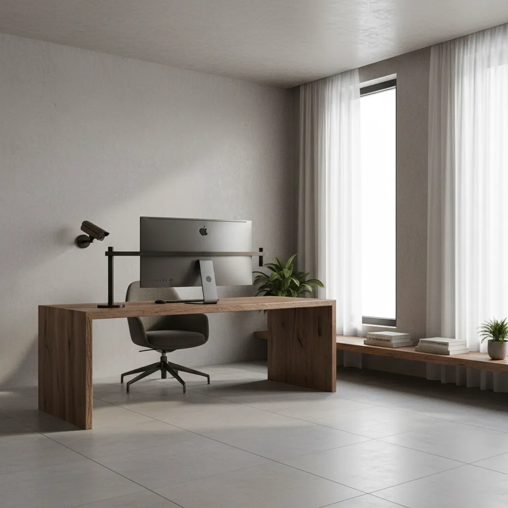 Home office desk positioned for privacy with camera and monitor arranged safely