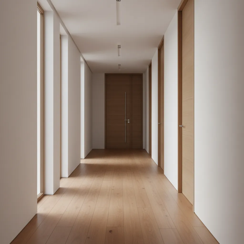 Interior hallway separating bedroom wings in a modern home