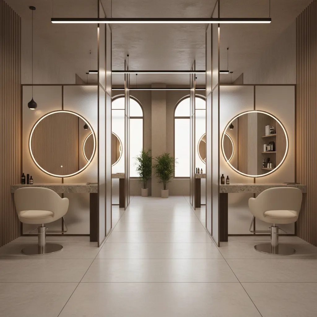 Hair salon interior with partitioned private styling booths