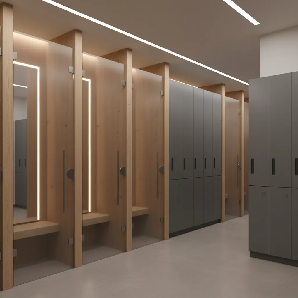 Locker room with enclosed private changing pods and doors
