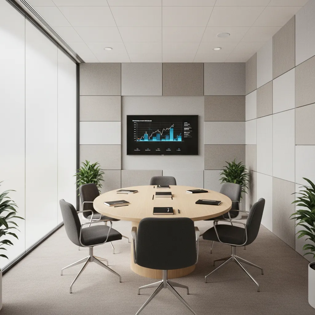 private meeting room for financial consultations with acoustic panels and frosted glass