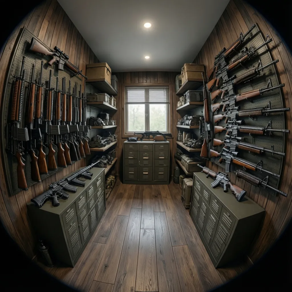 Interior overview of a residential gun room with rifle display racks and organized layout