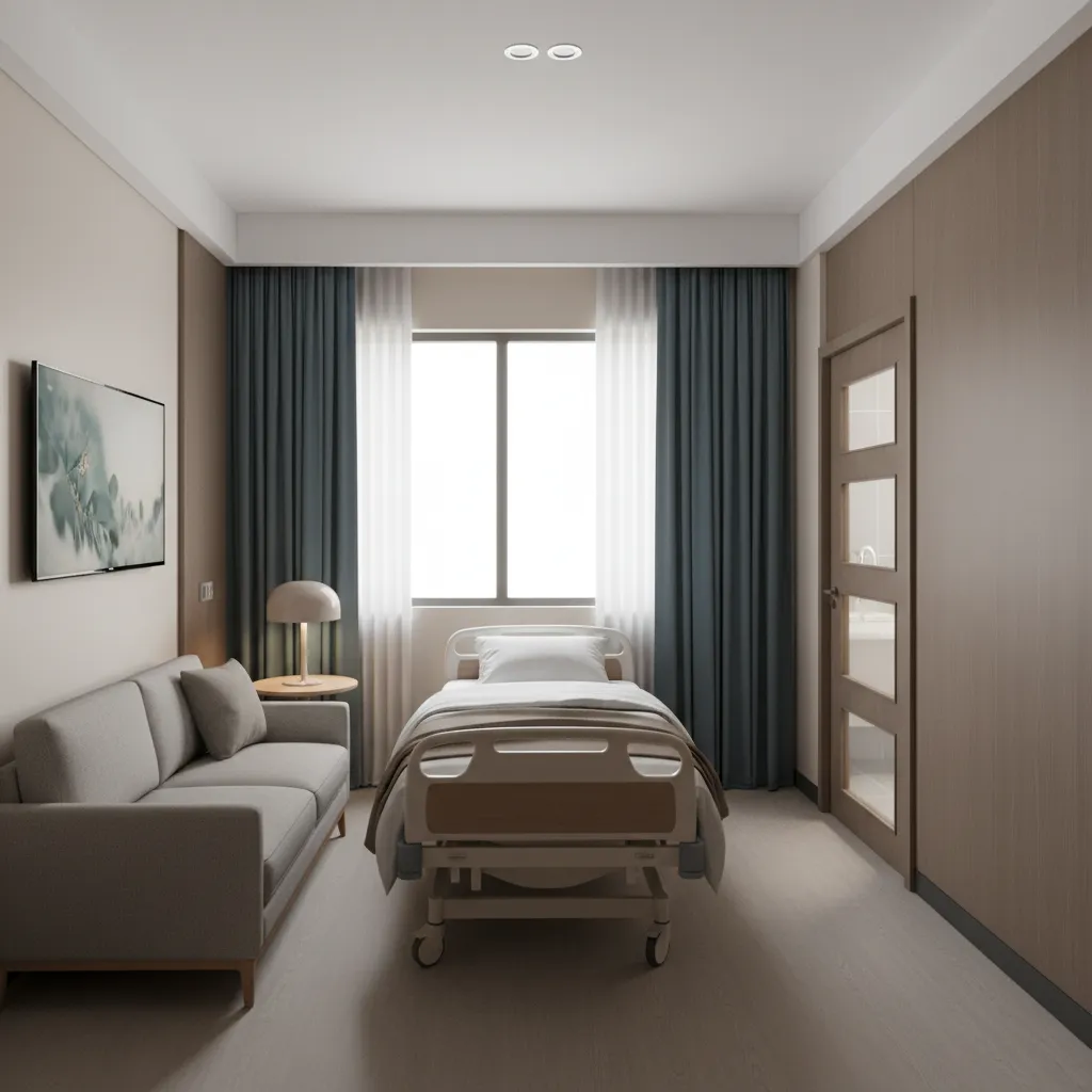 Private hospital room with single patient bed seating and attached bathroom