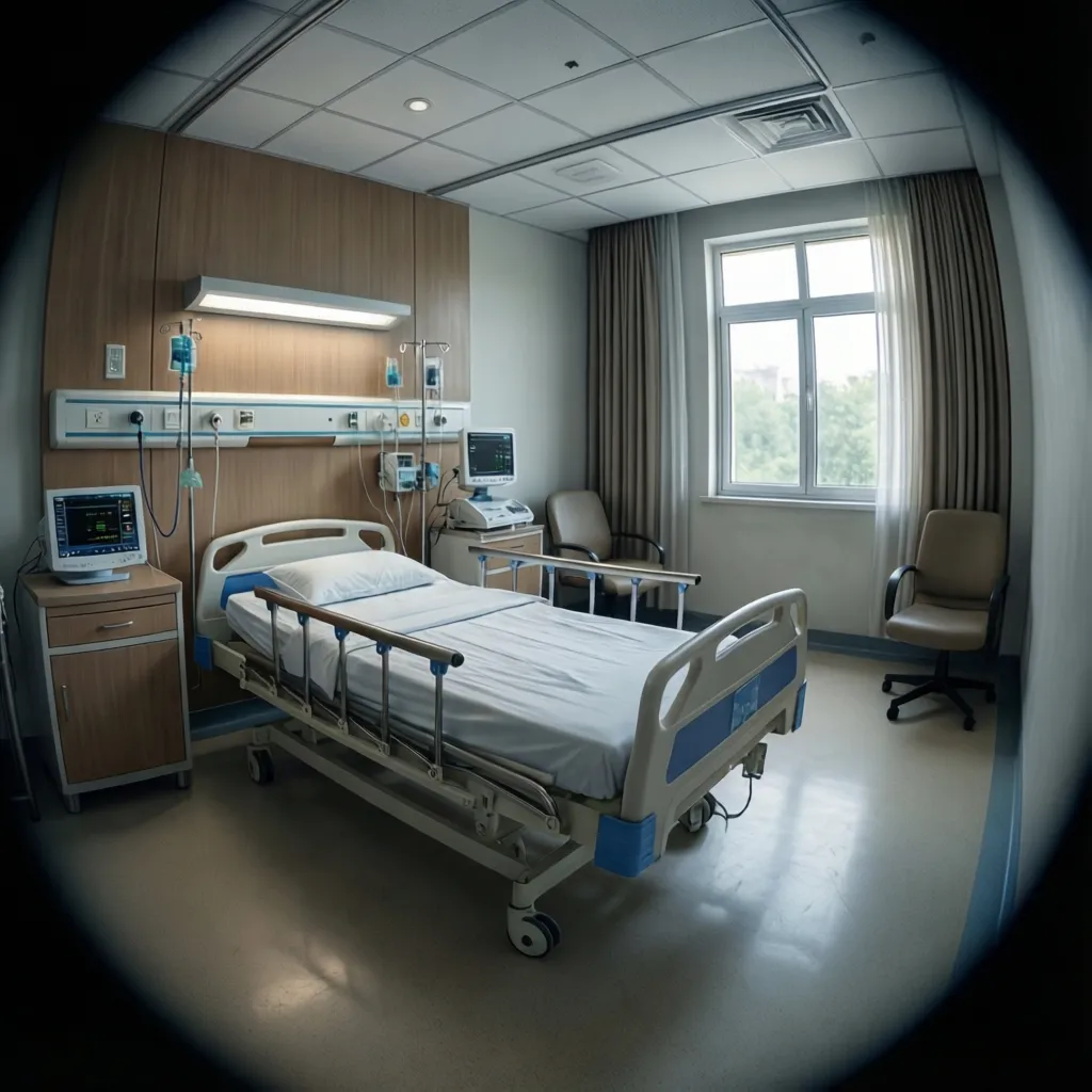 Private hospital room with single medical bed, wooden wall panel, window curtains, and health monitor