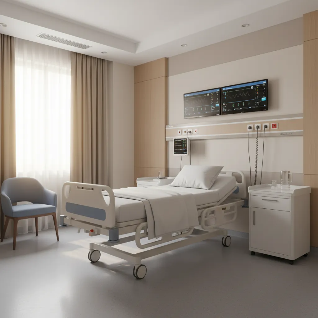 Clean private hospital room with white medical bed, wall monitors, small cabinet, chair, and curtains