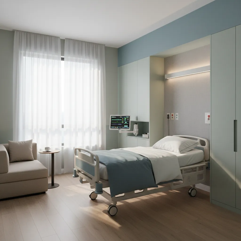 Private hospital room interior featuring medical bed small sofa side table and light green cabinets
