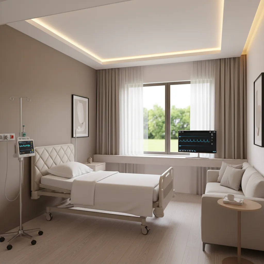 Modern private hospital room with single patient bed and visitor seating area