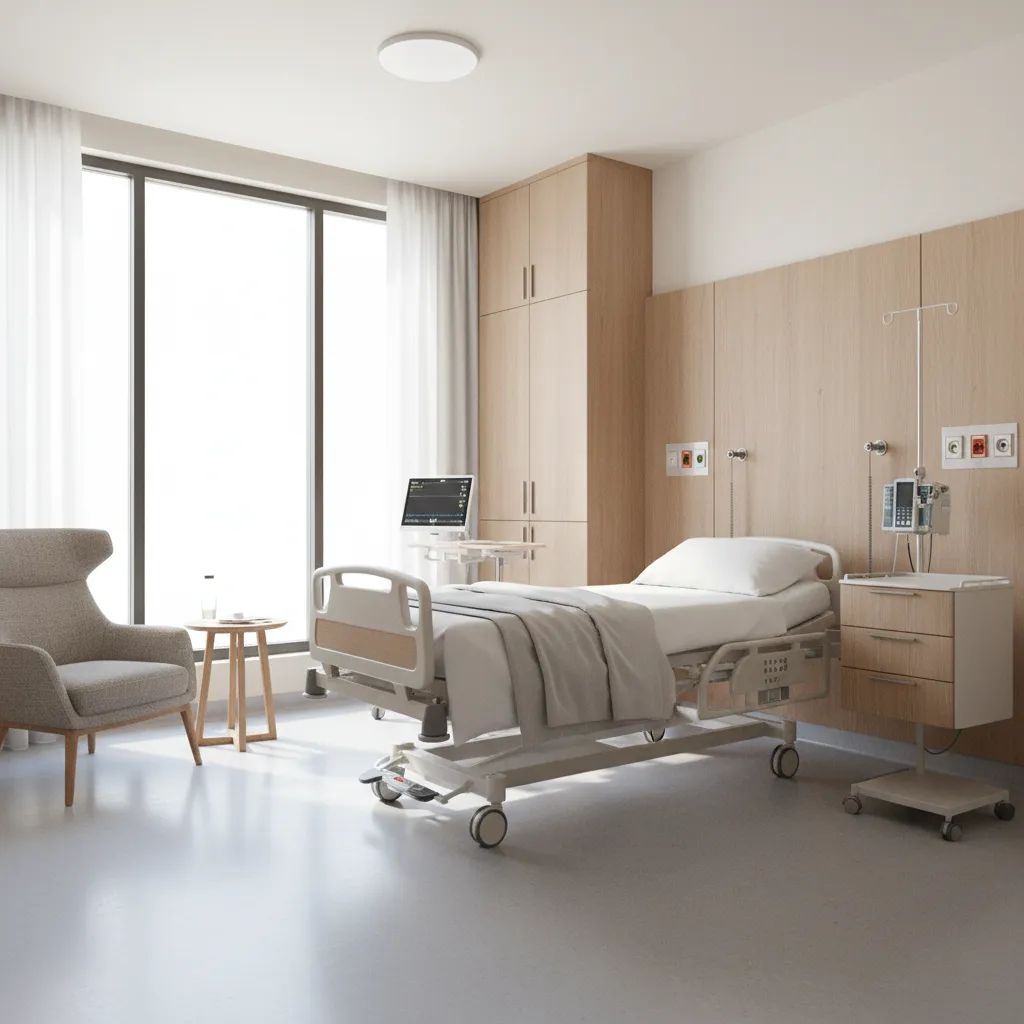 private hospital patient room with single bed visitor seating and window lighting