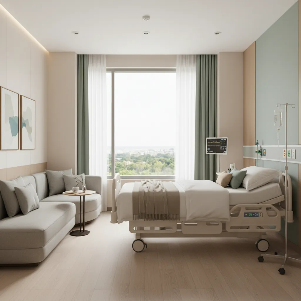 Comfortable private hospital room with patient bed and visitor sofa