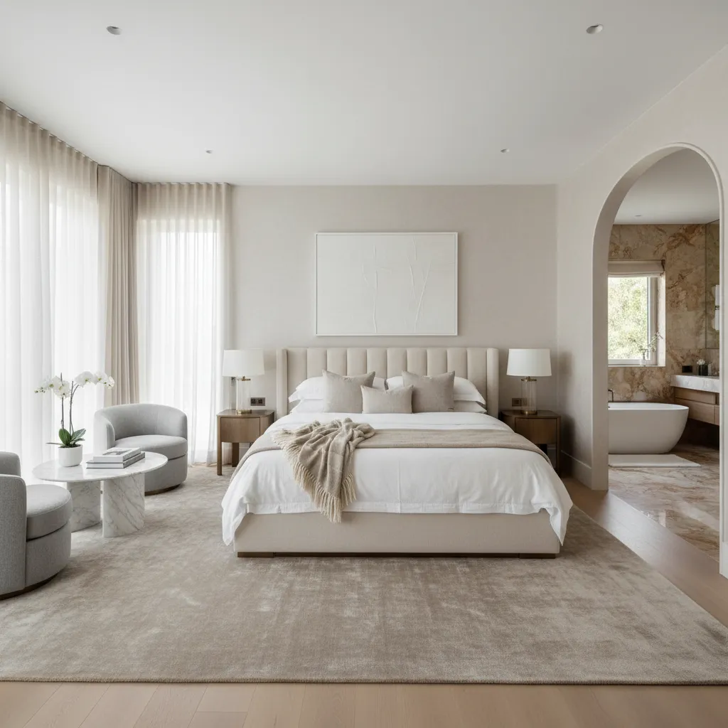Large private master bedroom suite with ensuite bathroom and seating area