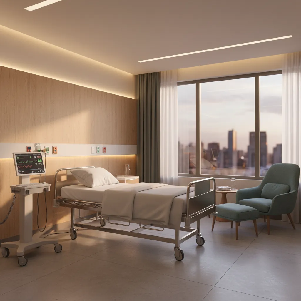 Private oncology hospital room with patient bed and monitoring equipment