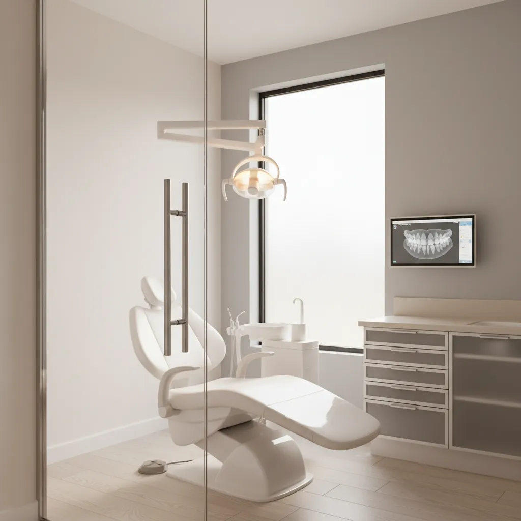 Private orthodontic treatment room with dental chair and equipment