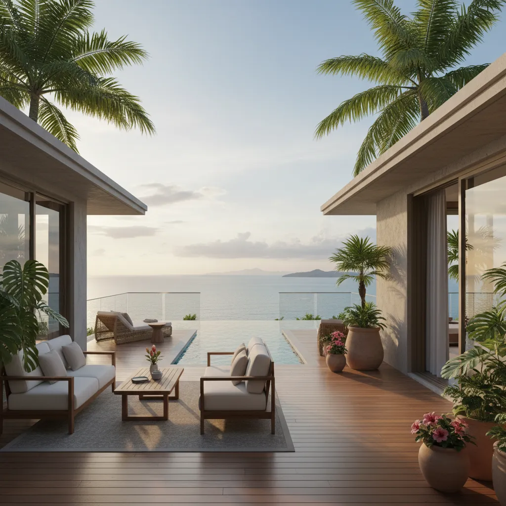 Luxury hotel suite terrace with private plunge pool and ocean view