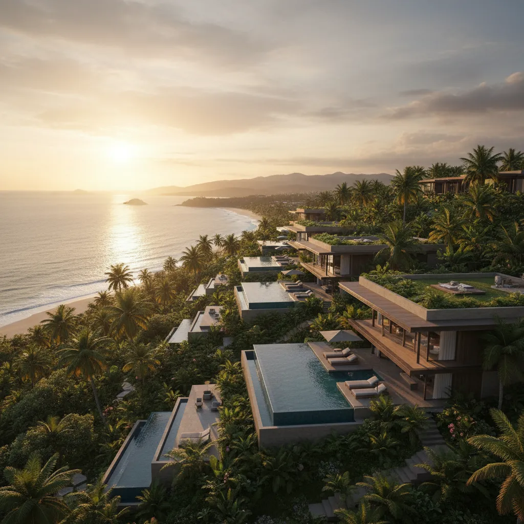 Luxury hillside resort villas with private pools overlooking tropical landscape