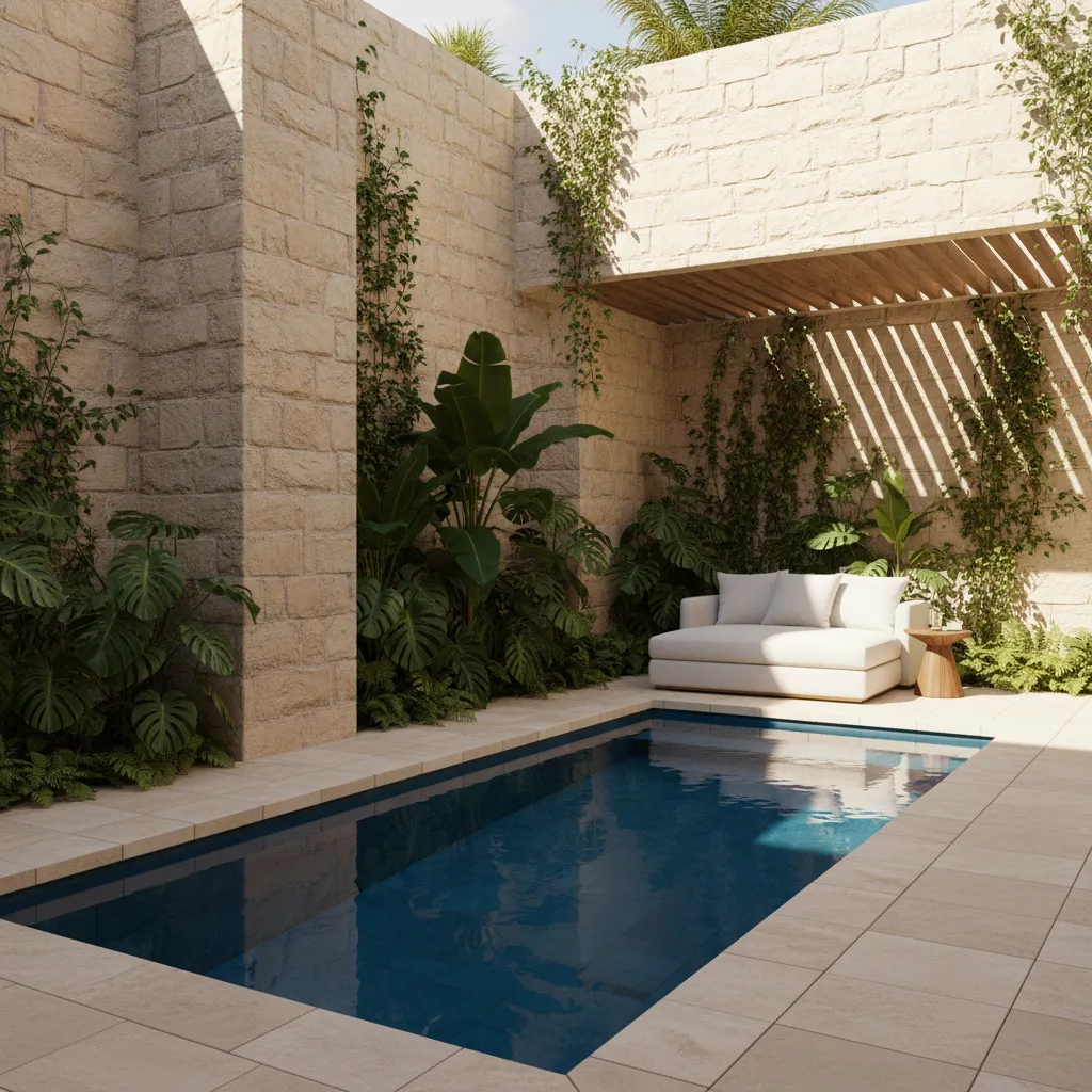 Luxury private courtyard pool suite with tall walls and tropical plants for privacy
