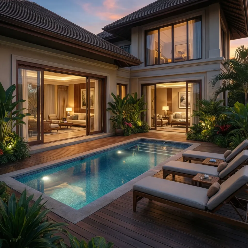 resort private pool suite with terrace layout and pool beside lounge area