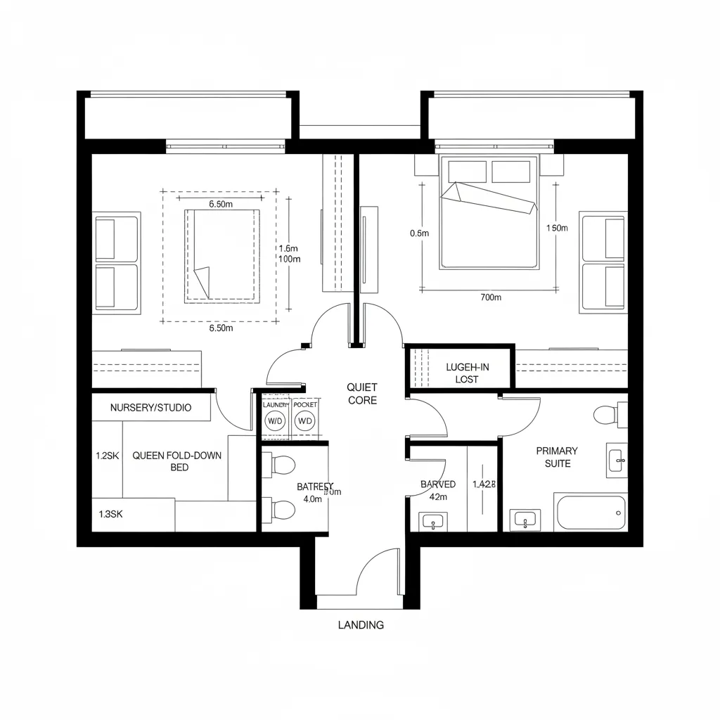 Private level floor plan with dual suites, laundry pocket, and quiet core