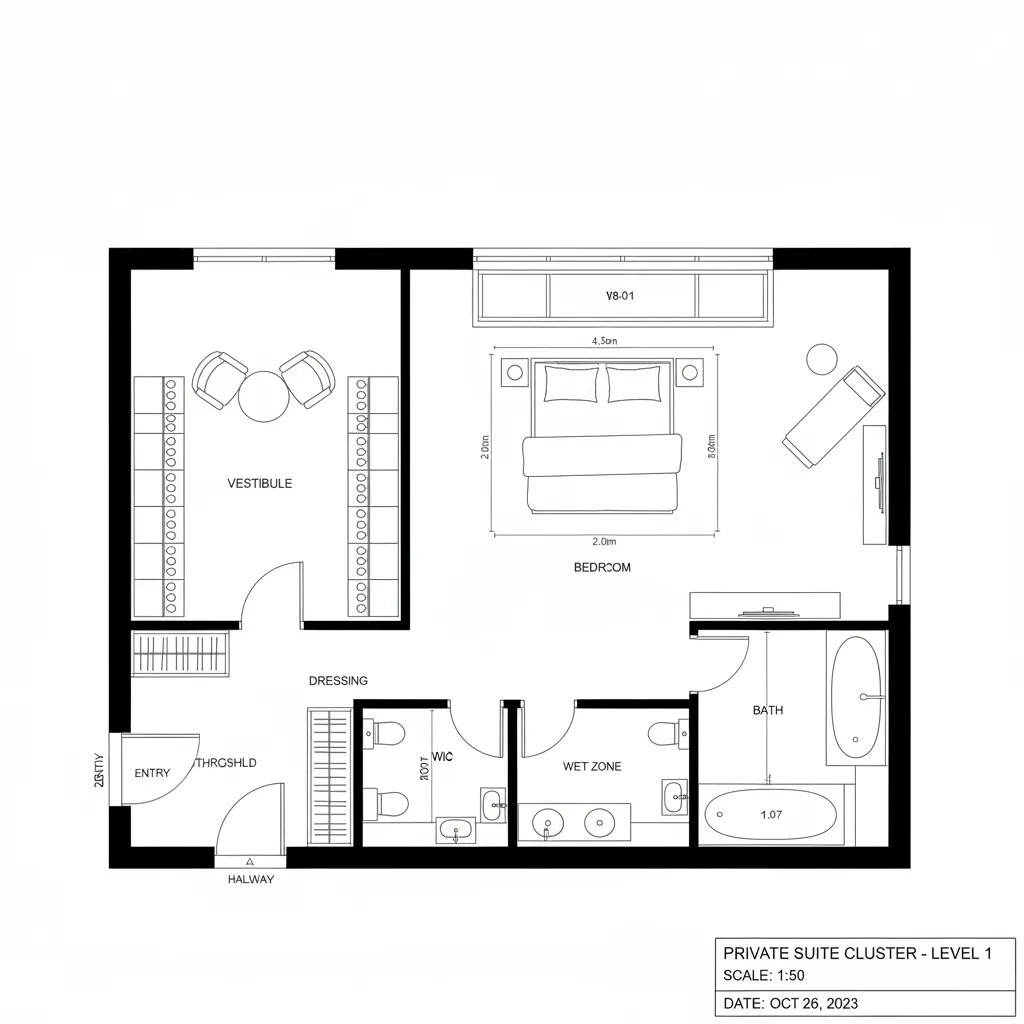 Top-down CAD plan of a private suite with vestibule, bedroom, dressing, and bath