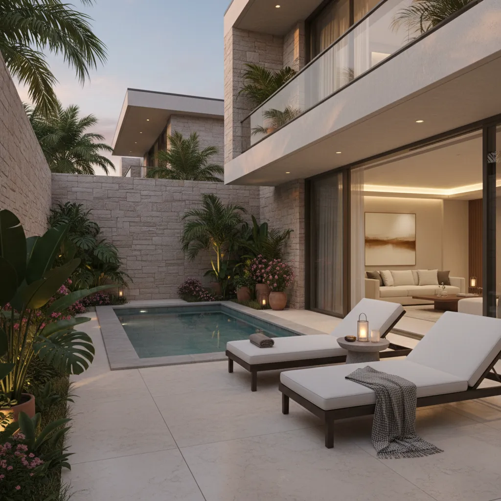 Hotel terrace with a private plunge pool surrounded by privacy walls