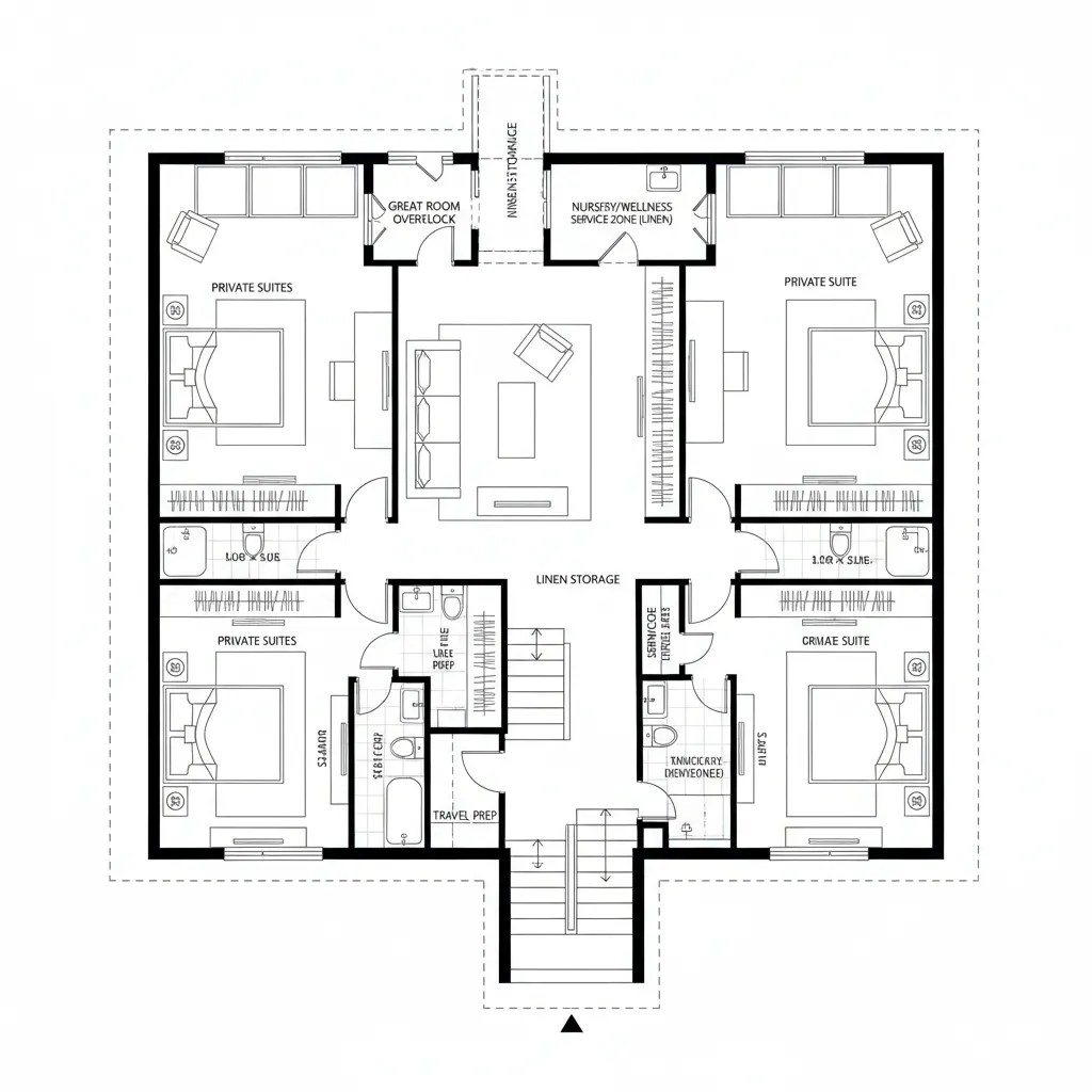 Detailed 2D floor plan with four private bedrooms central living area several bathrooms and stairs