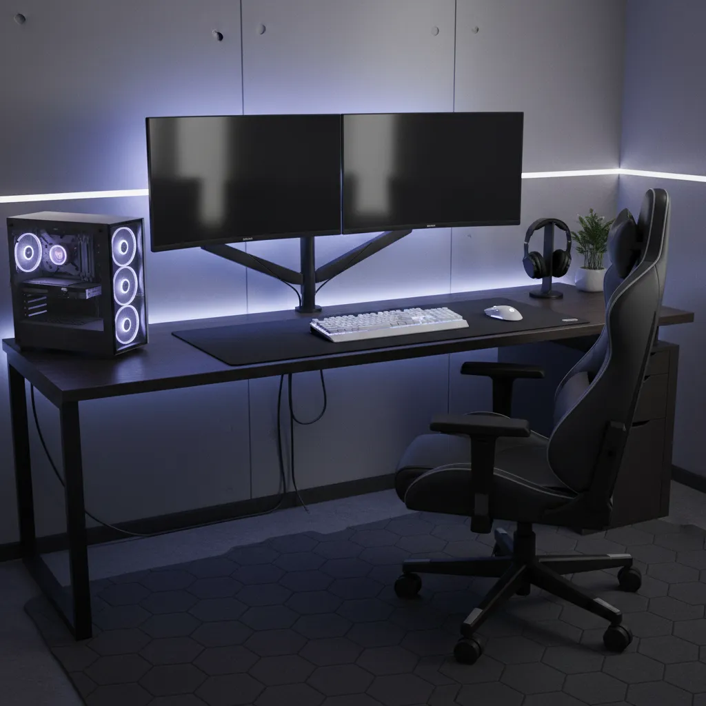 professional gamer dual monitor desk setup with large mousepad