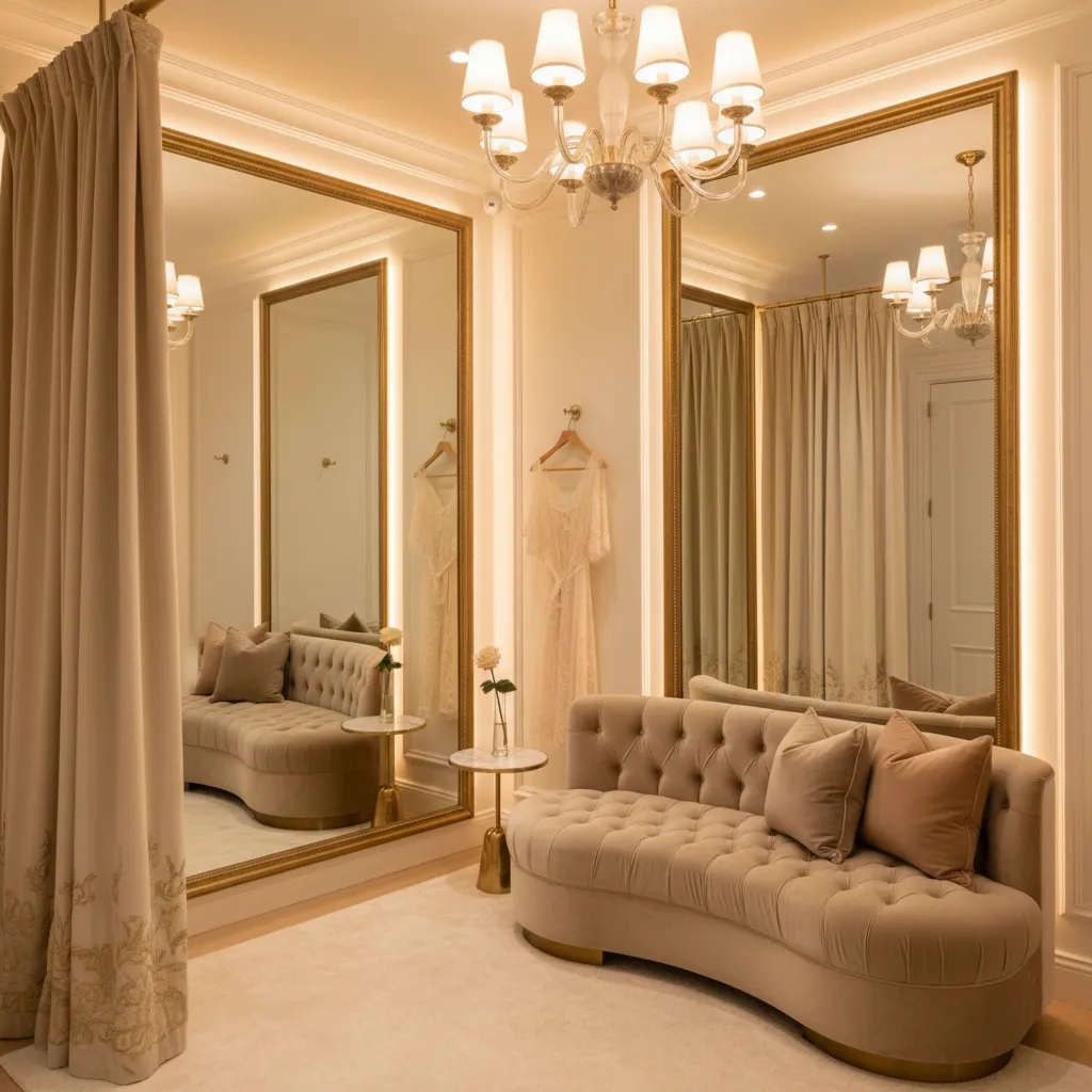 Probador cómodo de boutique de lencería con iluminación suave y espejo grande