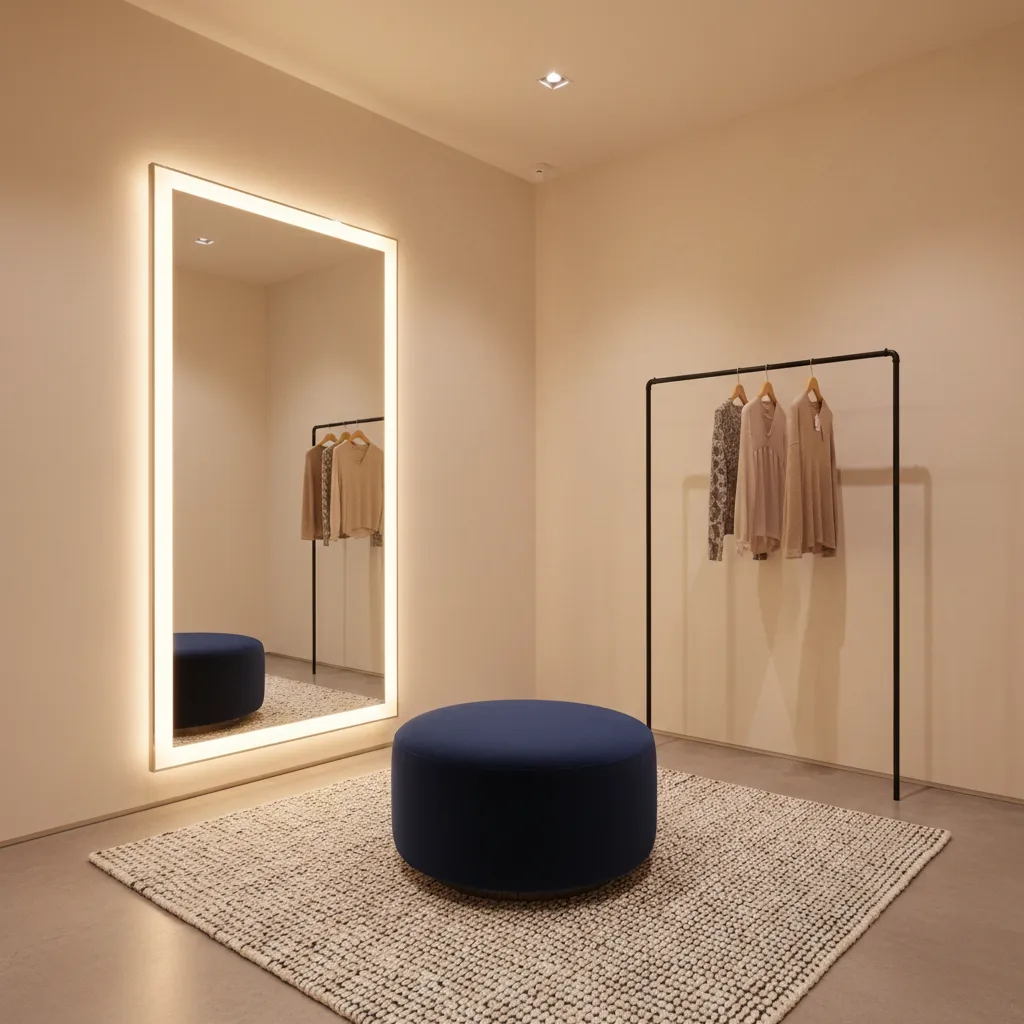 Probadores modernos dentro de una tienda de ropa con iluminación favorecedora