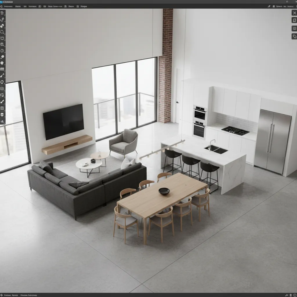 Modern open-plan living and dining area with grey sofa, wooden table, and white kitchen island