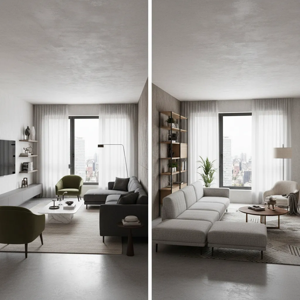 Side by side comparison of two different living room layouts with sofa and coffee table