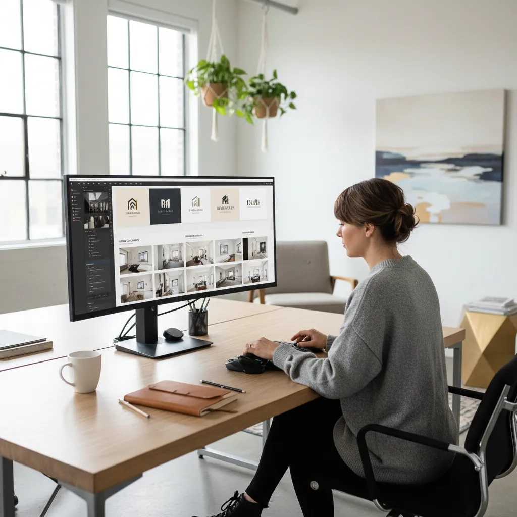Diseñador creando mockups de marca para un estudio de interiorismo en ordenador