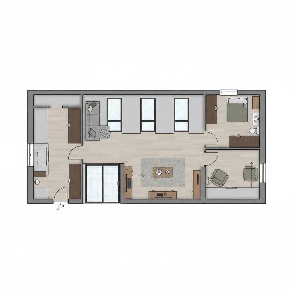 Room layout showing long apartment with kitchen bedroom living area and arrows for furniture placement