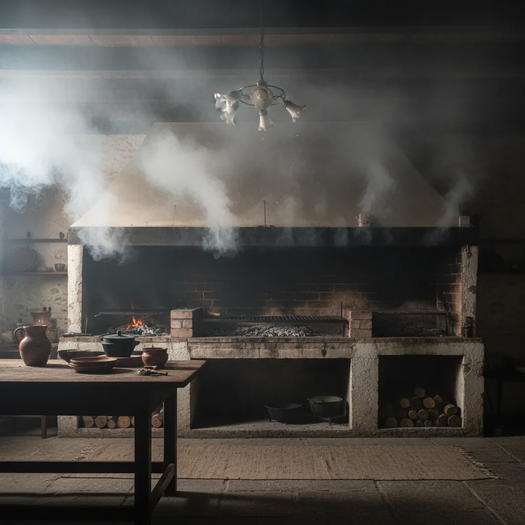 Rustic indoor stone kitchen with thick smoke rising from a large open fireplace and chimney