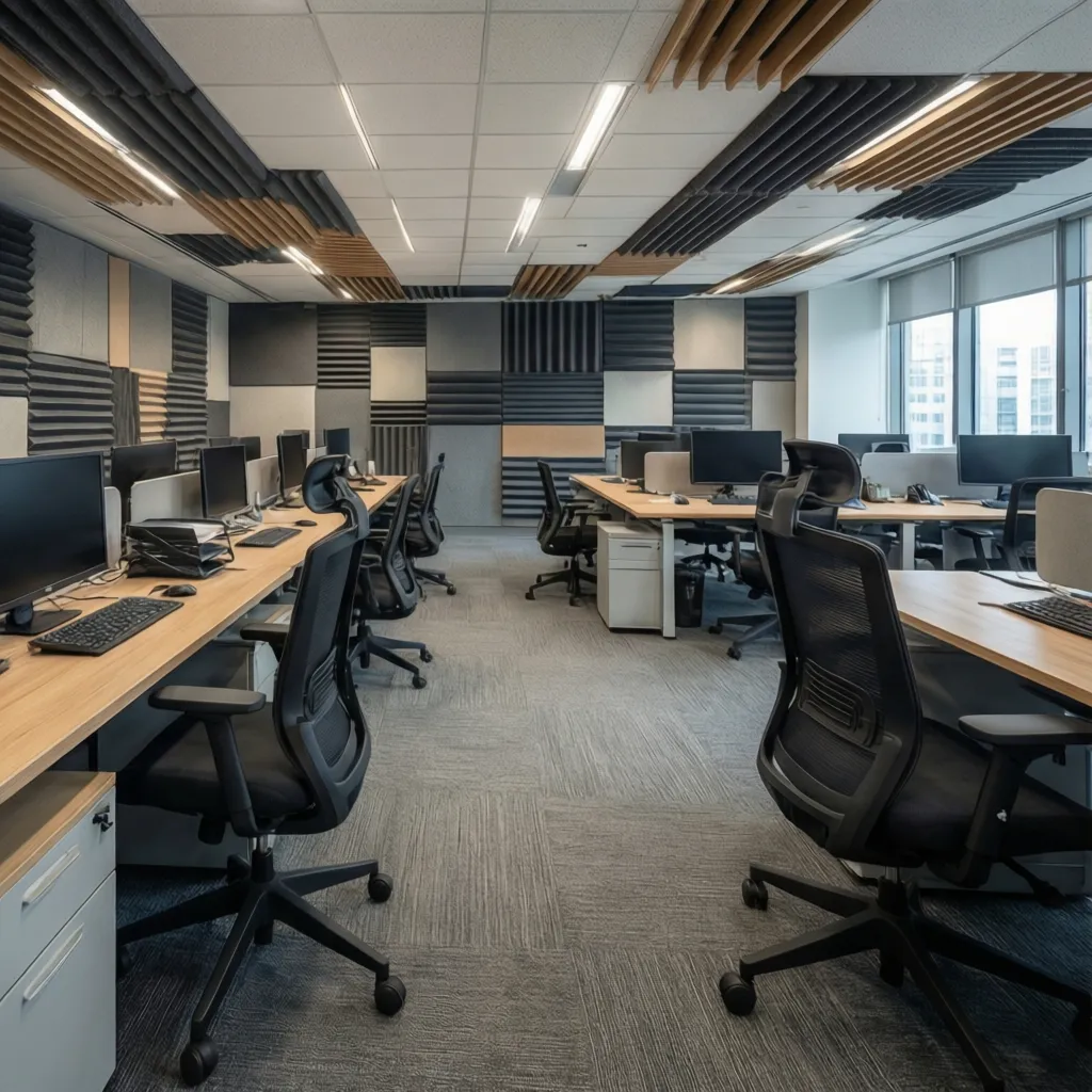 Oficina abierta con paneles acústicos y áreas de trabajo