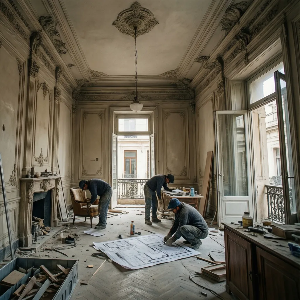 Workers reviewing a floor plan on the floor inside old room with ornate wall panels