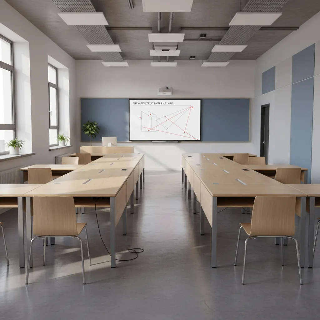 Visualización de errores de distribución en aula modelada en 3D