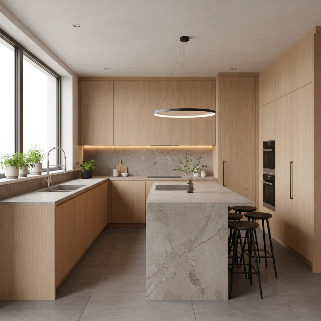 Modern kitchen featuring wood cabinets stone island black stools round ceiling light and large window
