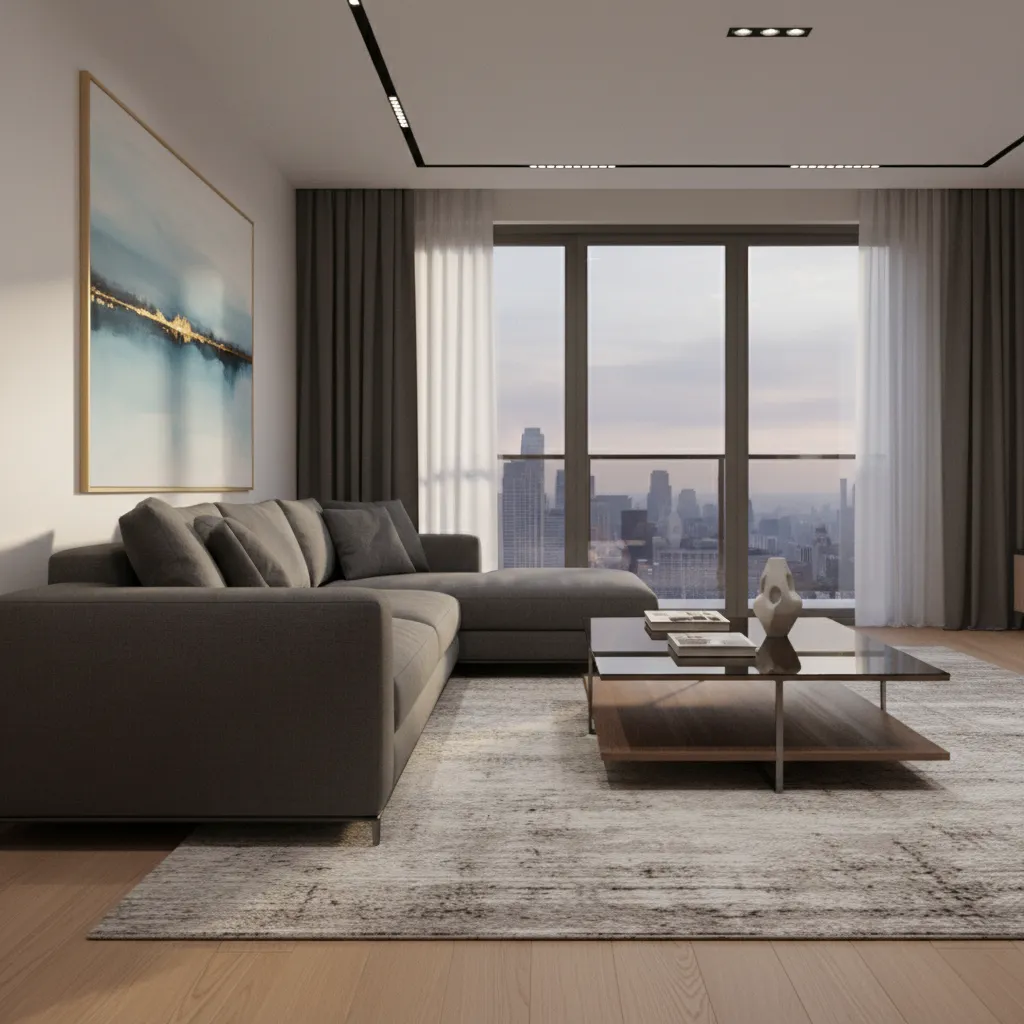 Modelo 3D mostrando pasillo estrecho entre muebles