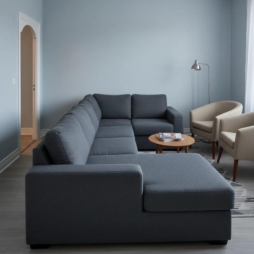 Modern living room with grey sofa wooden coffee table two beige armchairs and blue walls